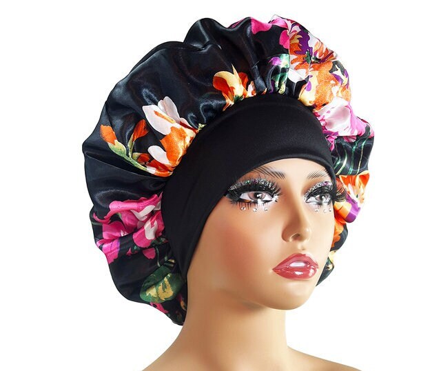 Black Floral Reversible Anti-slip- Adult Large Satin Silk Hair Night Bonnet Cap | Hair Accessories | Women Hair Care