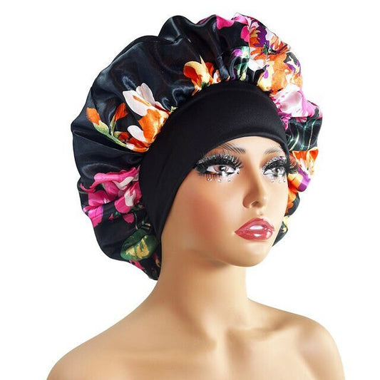 Black Floral Reversible Anti-slip- Adult Large Satin Silk Hair Night Bonnet Cap | Hair Accessories | Women Hair Care